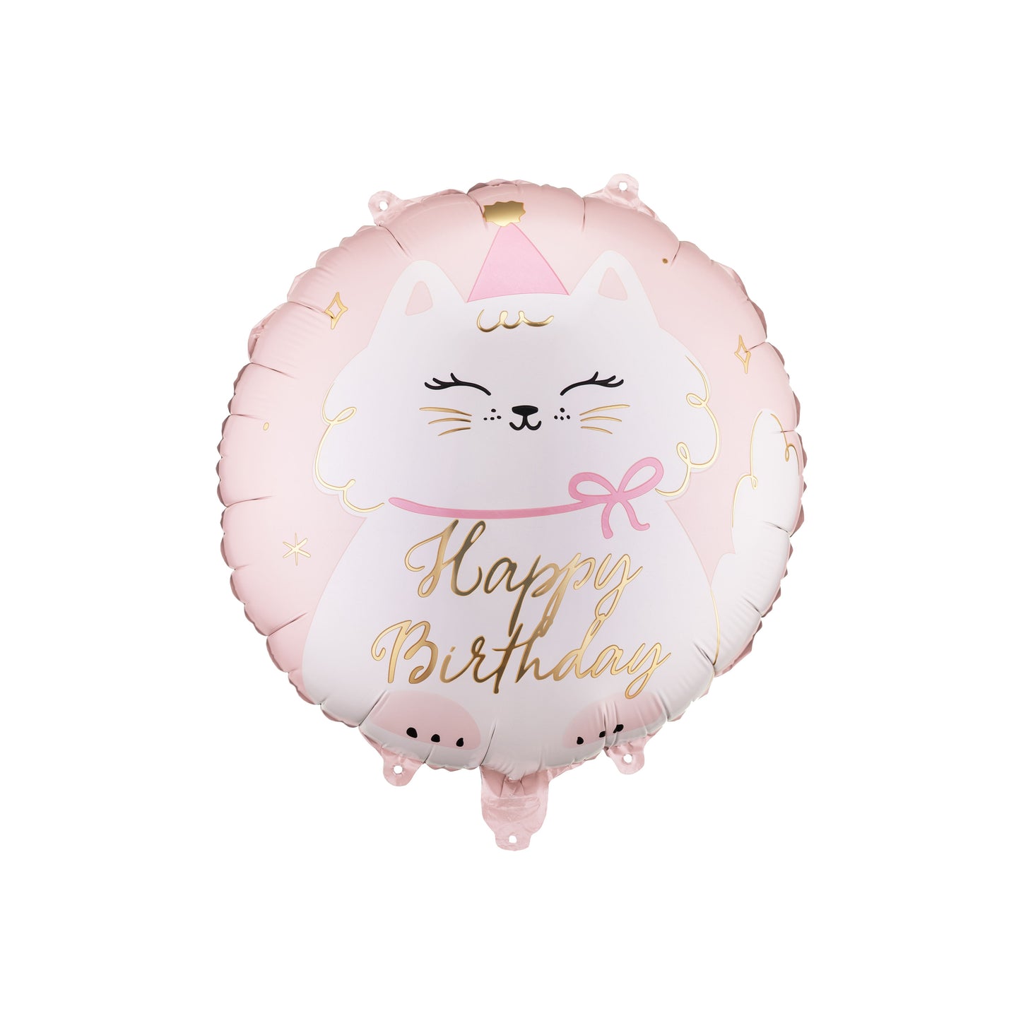 Cat-shaped birthday balloon with 'Happy Birthday' text on a white background