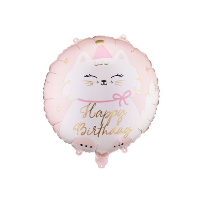 Cat-shaped birthday balloon with 'Happy Birthday' text on a white background