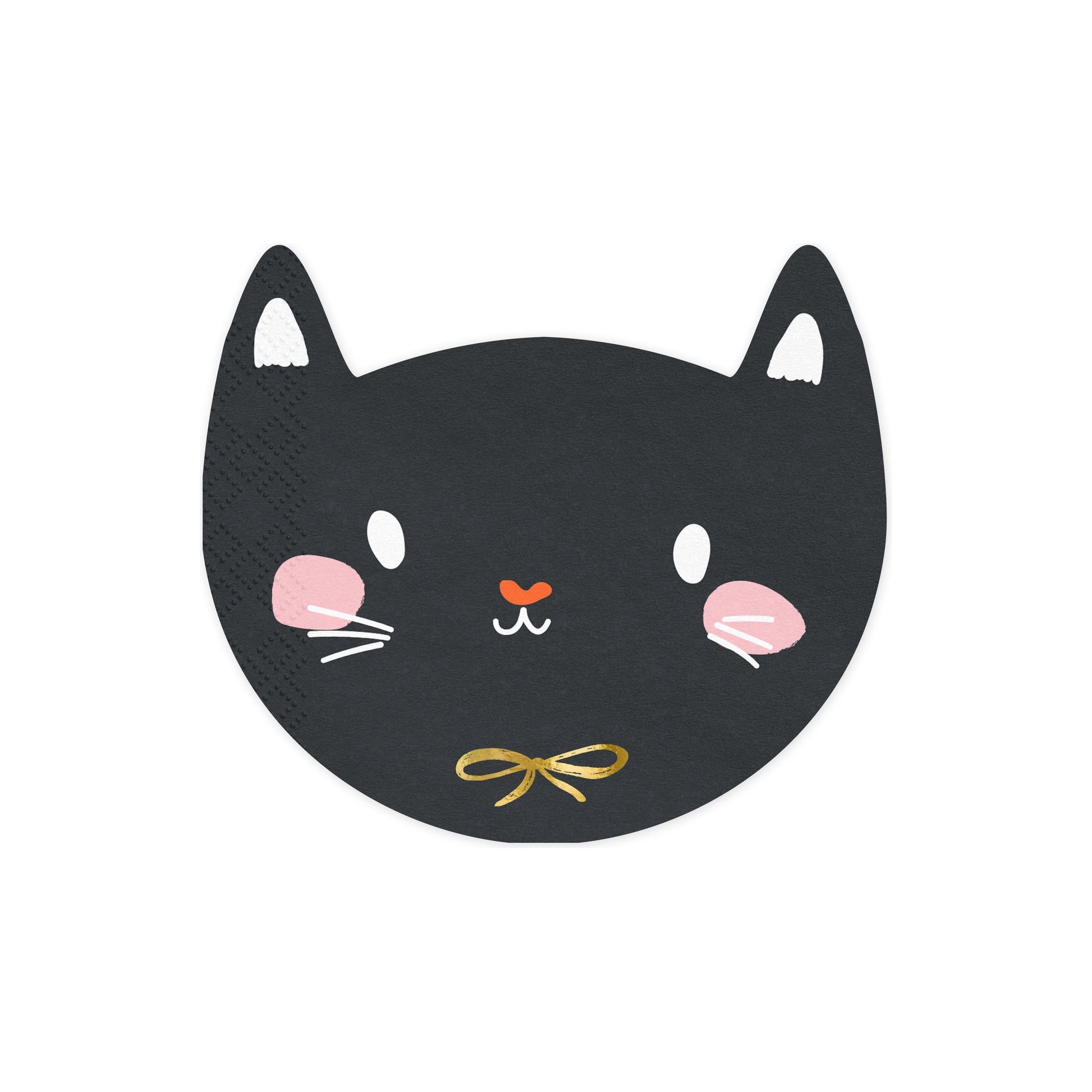Black cat-shaped napkins with pink cheeks, white whiskers, and a gold bow on a white background