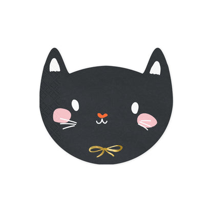 Black cat-shaped napkins with pink cheeks, white whiskers, and a gold bow on a white background