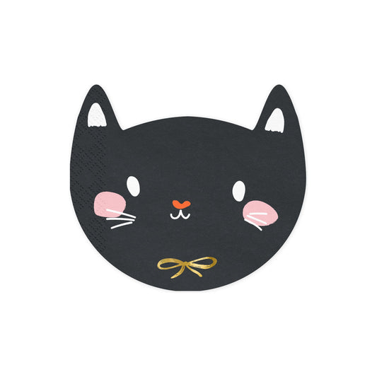 Black cat-shaped napkins with pink cheeks, white whiskers, and a gold bow on a white background