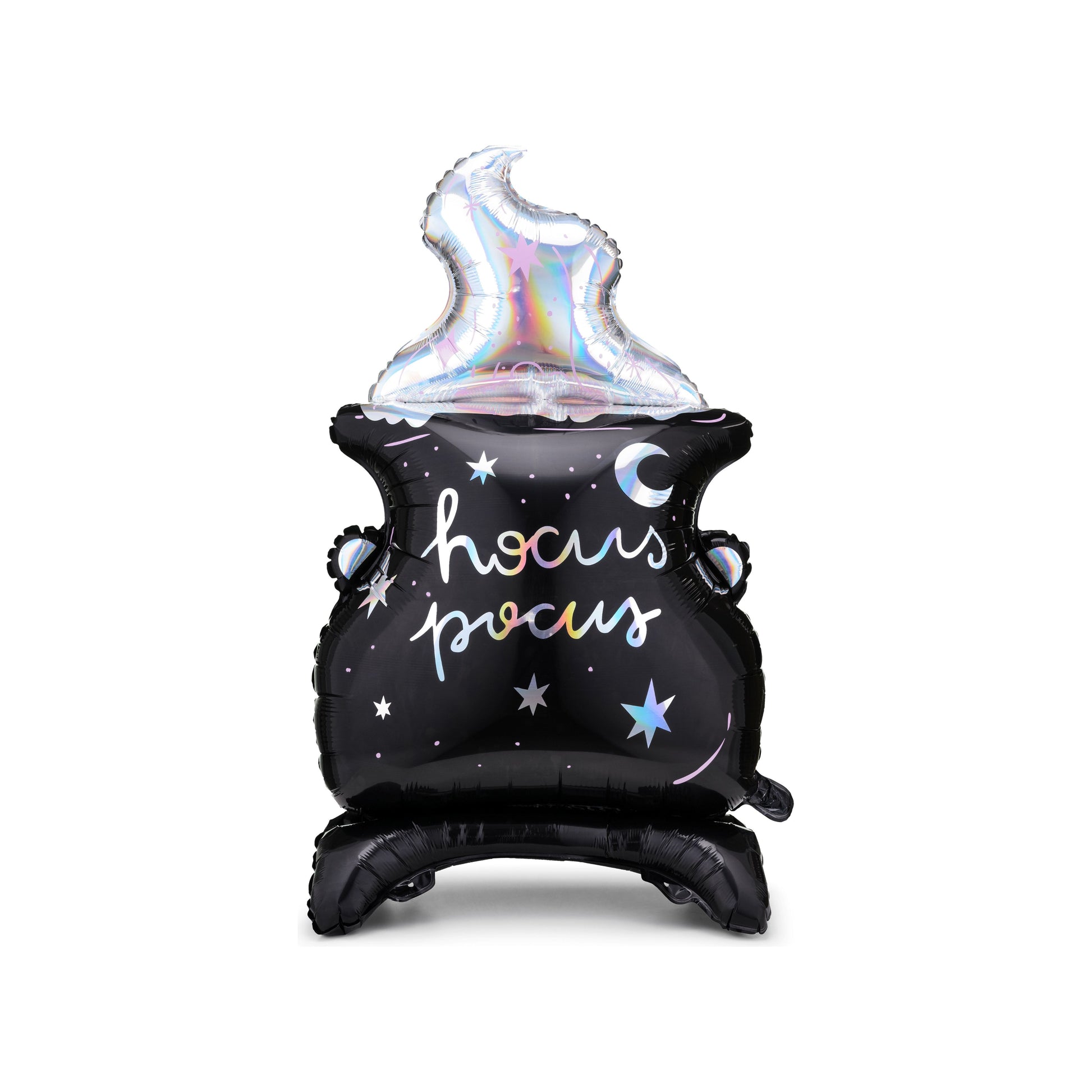 Hocus Pocus themed balloon with a black cauldron design on a white background