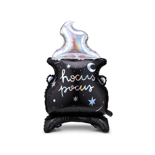 Hocus Pocus themed balloon with a black cauldron design on a white background