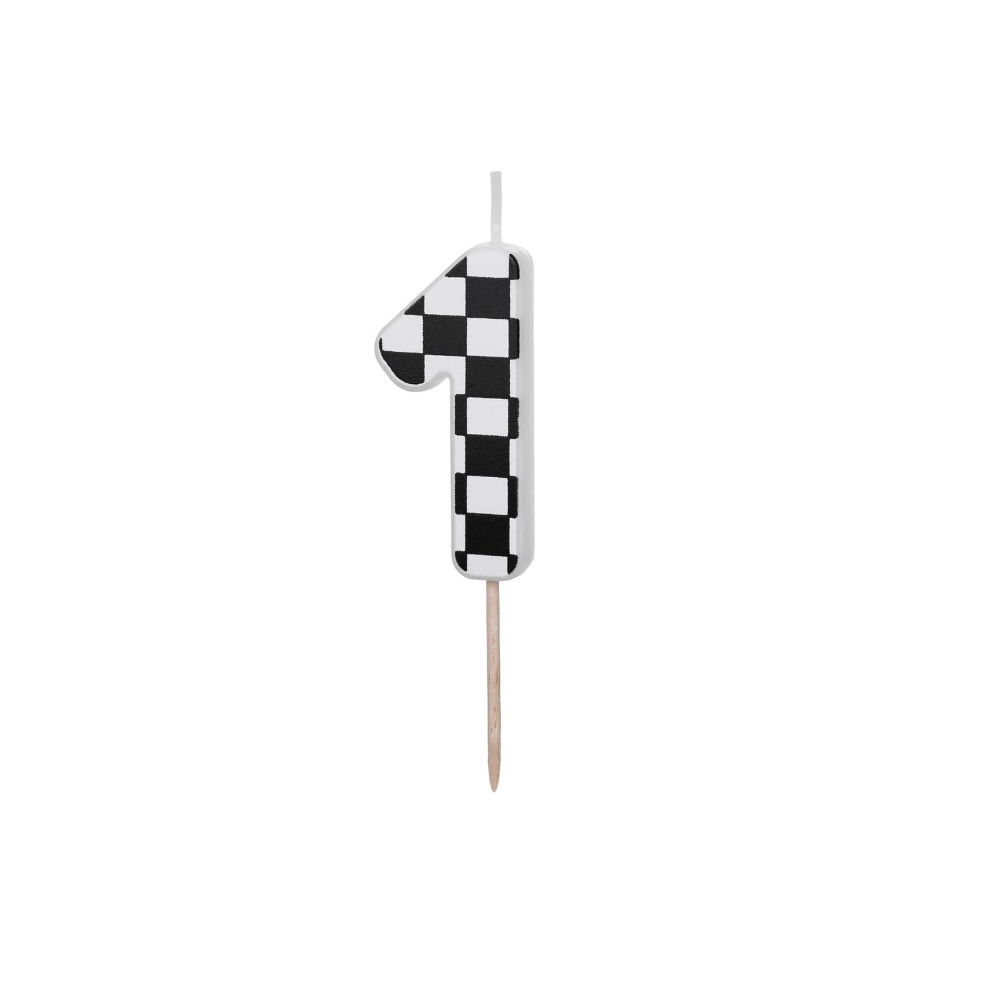 Checkered birthday candle shaped like the number '1' on a white background