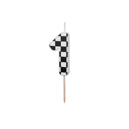 Checkered birthday candle shaped like the number '1' on a white background