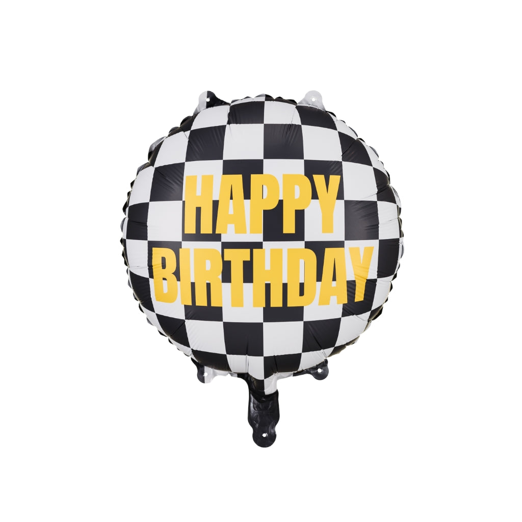 Checkered birthday balloon with 'Happy Birthday' text on a white background