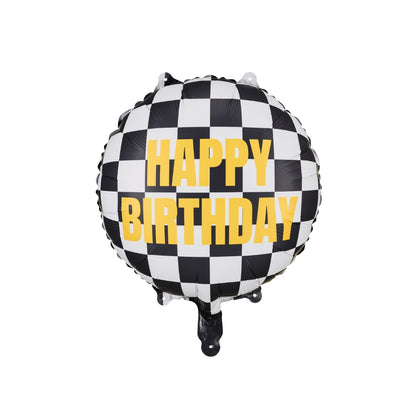 Checkered birthday balloon with 'Happy Birthday' text on a white background