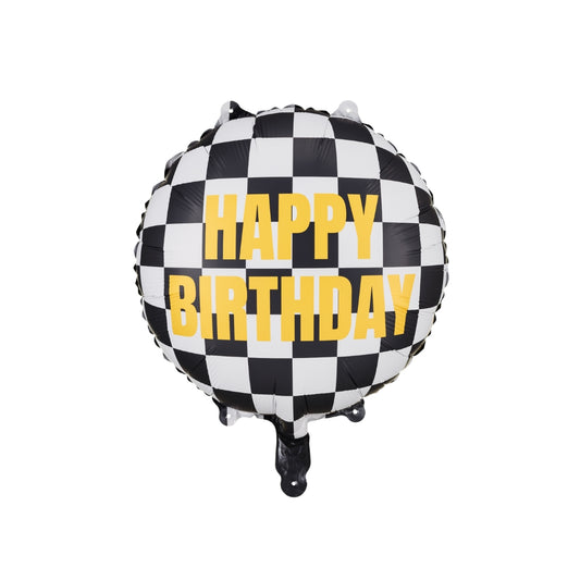 Checkered birthday balloon with 'Happy Birthday' text on a white background