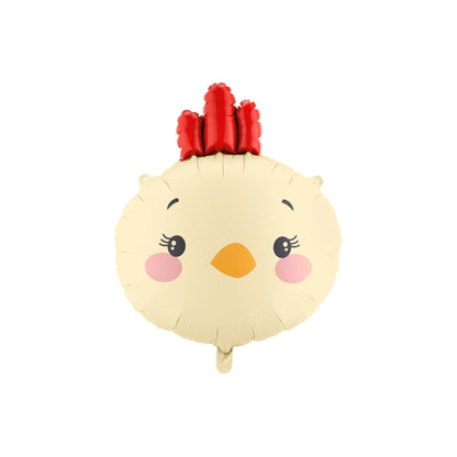 Balloon shaped like a cartoon chicken with a red comb on a white background