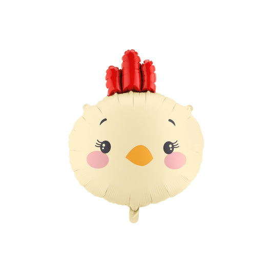 Balloon shaped like a cartoon chicken with a red comb on a white background