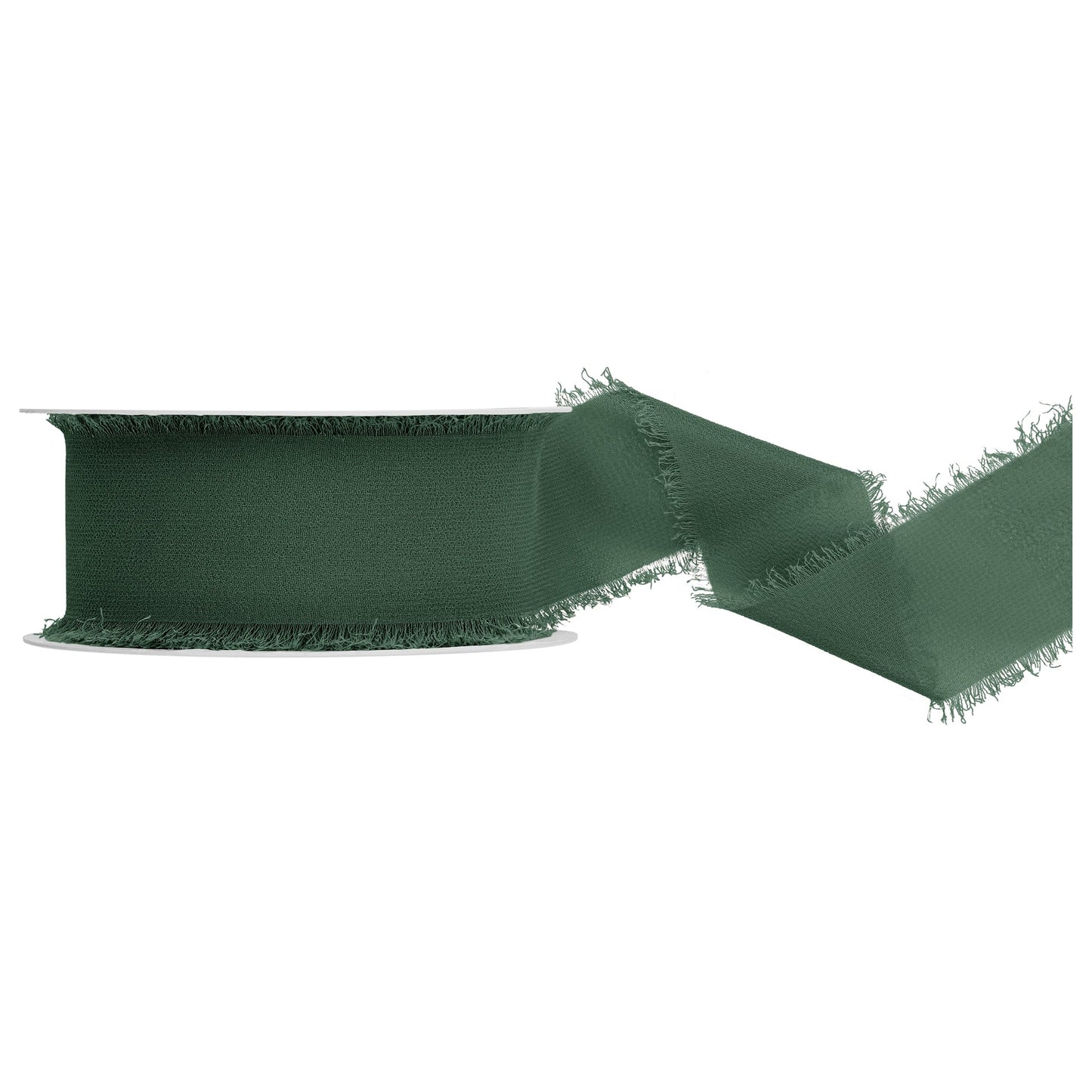 Dark green ribbon with frayed edges on a white background