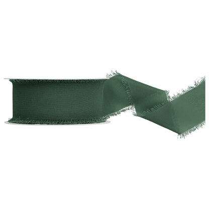 Dark green ribbon with frayed edges on a white background