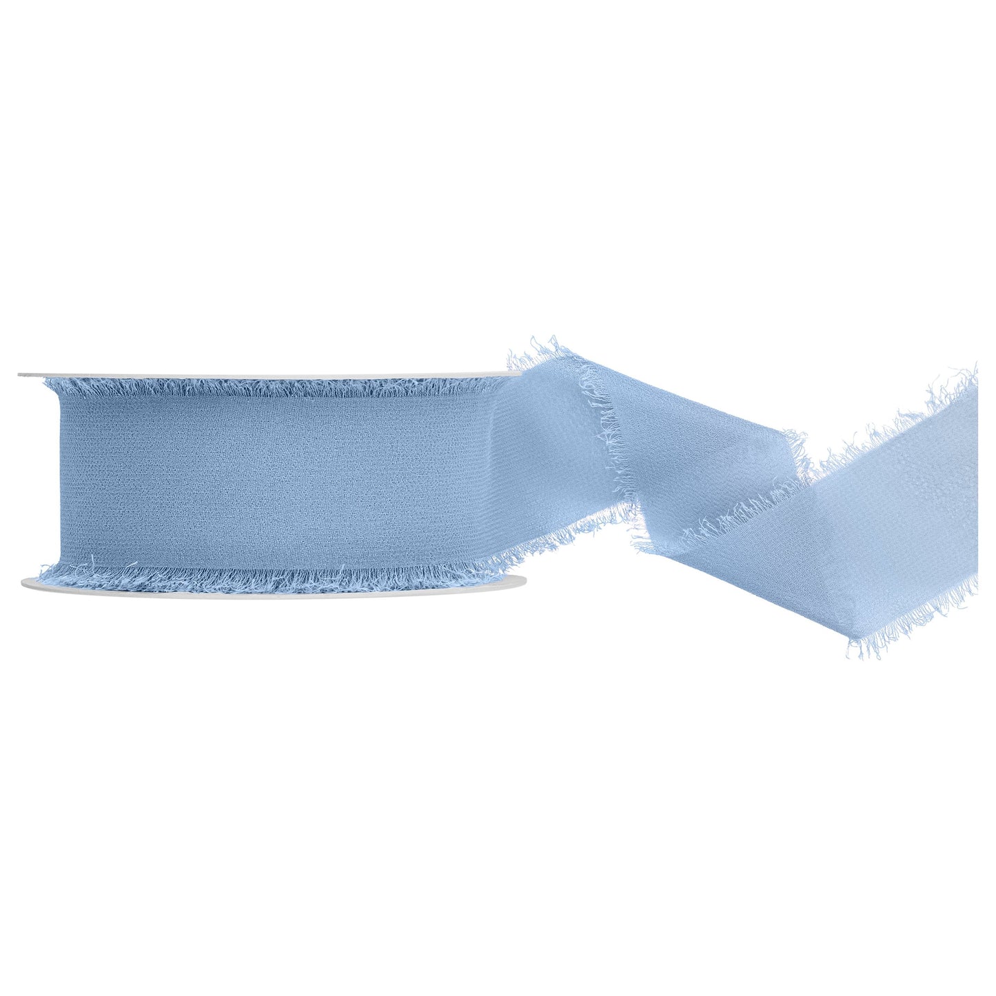 Light blue ribbon with frayed edges on a white background