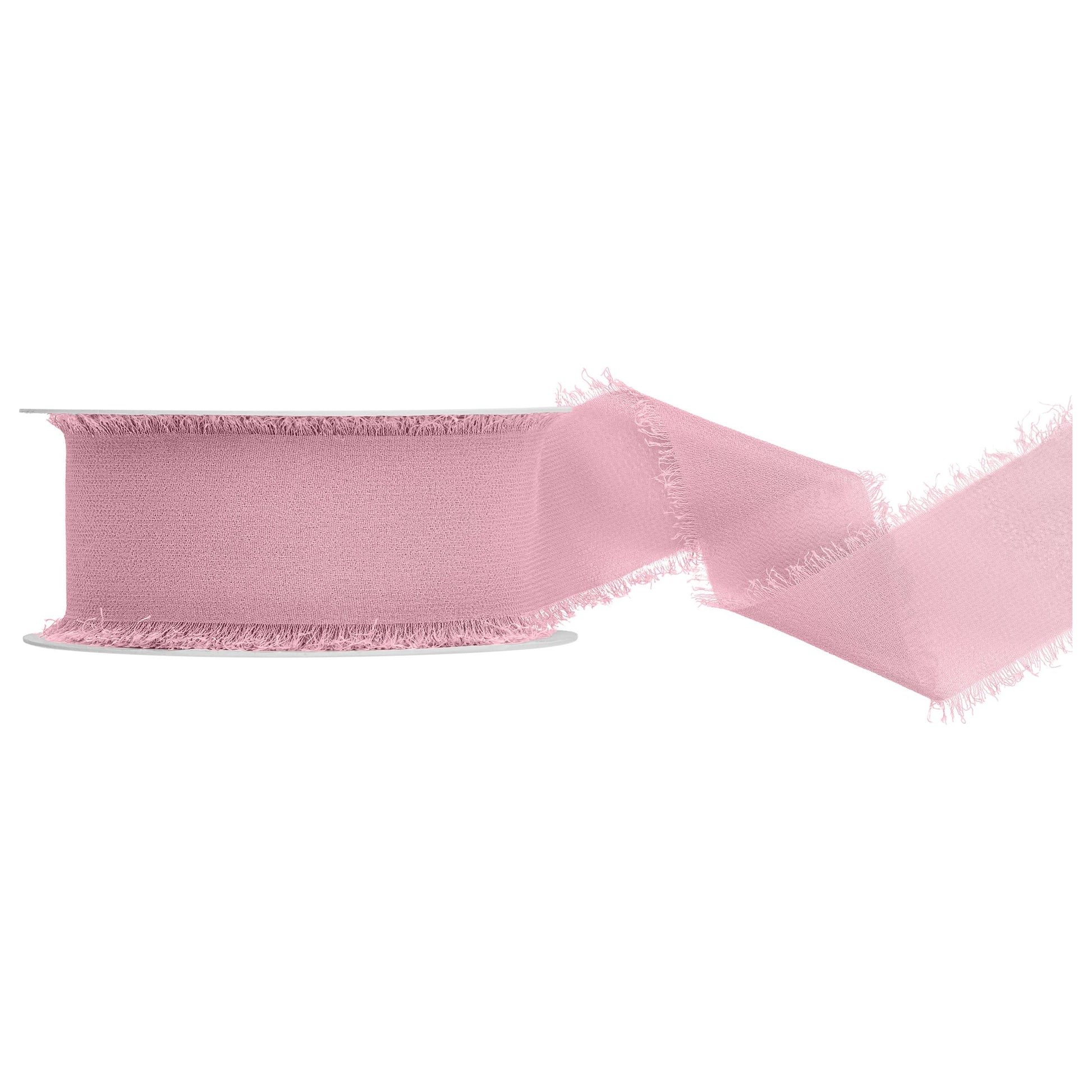 Pink ribbon with frayed edges on a white background