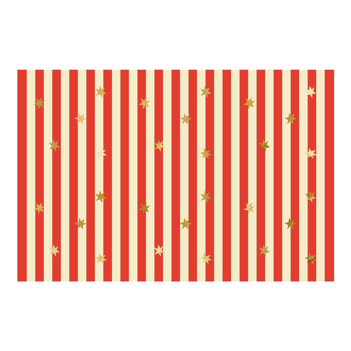 Red and beige striped tablecloth with small gold stars