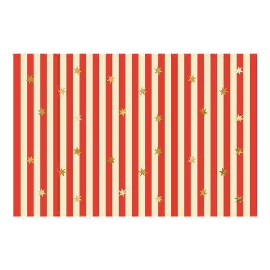 Red and beige striped tablecloth with small gold stars