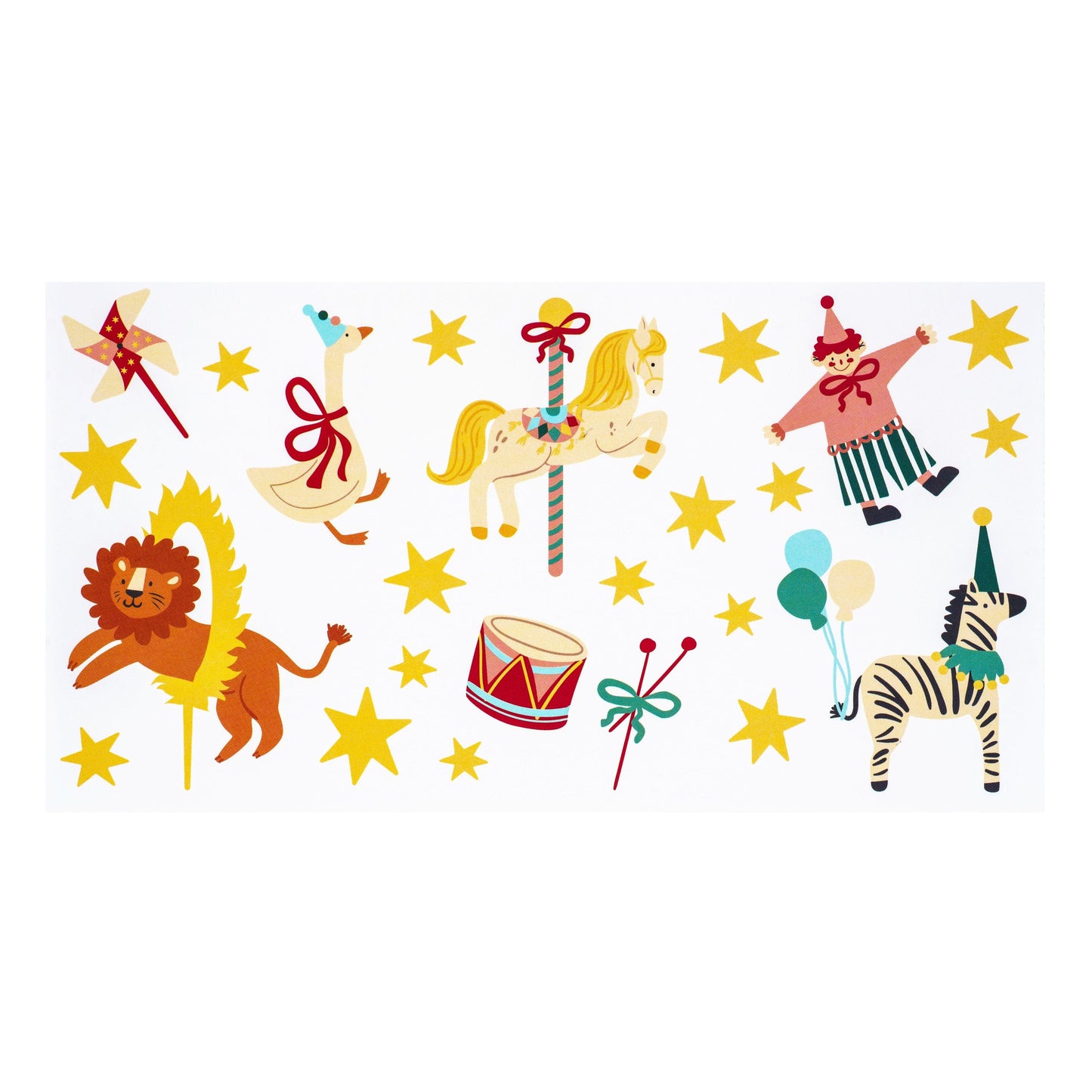 Set of colorful circus-themed tattoos including a lion, zebra, clown, carousel horse, and stars on a white background.