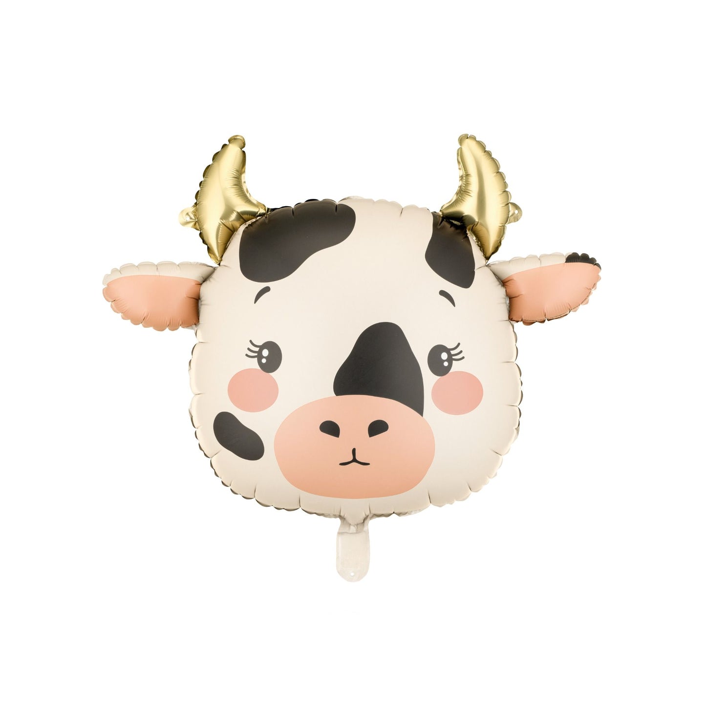 Cow-shaped balloon with gold horns on a white background