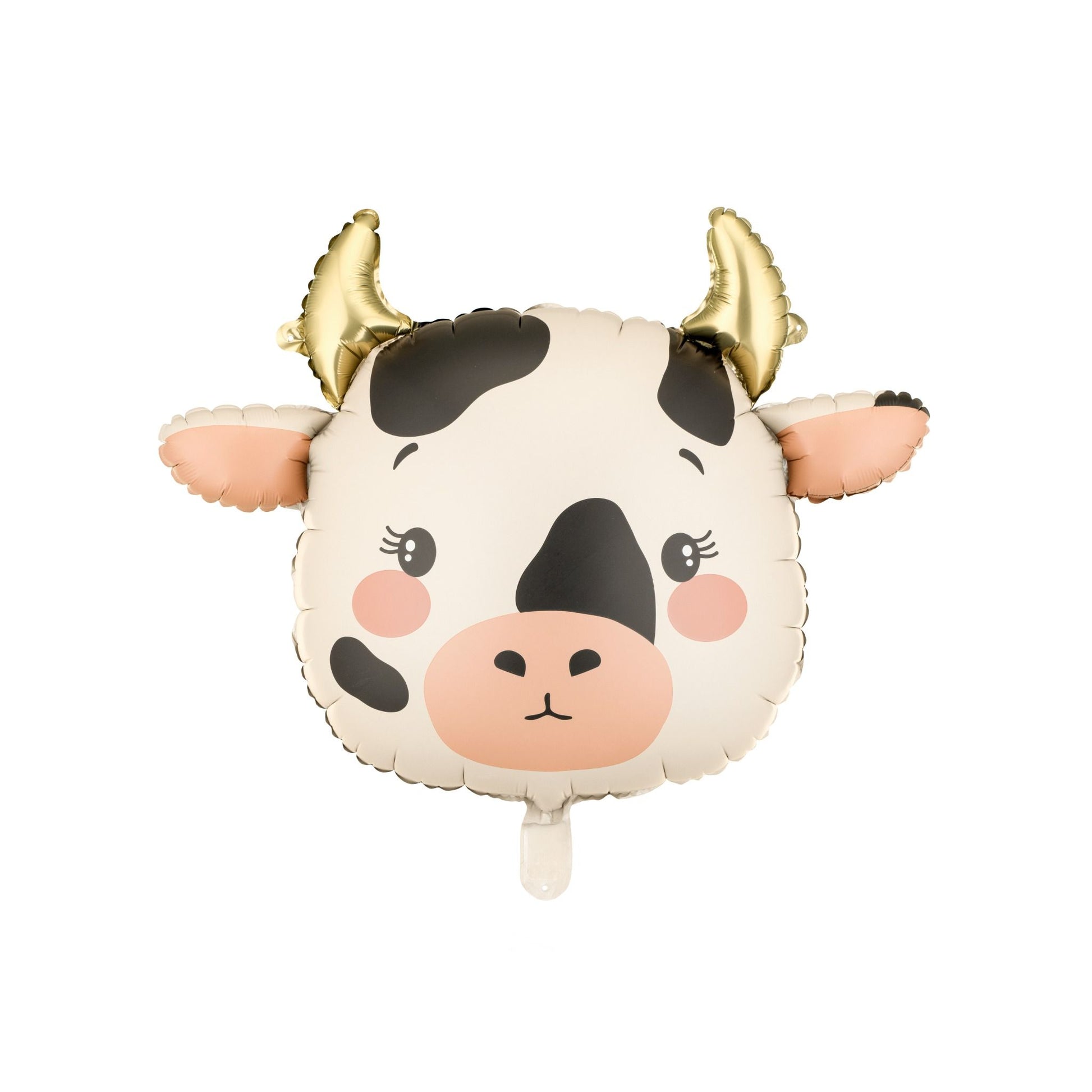 Cow-shaped balloon with gold horns on a white background