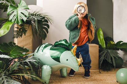 Green Triceratops foil balloon for dinosaur-themed birthday party