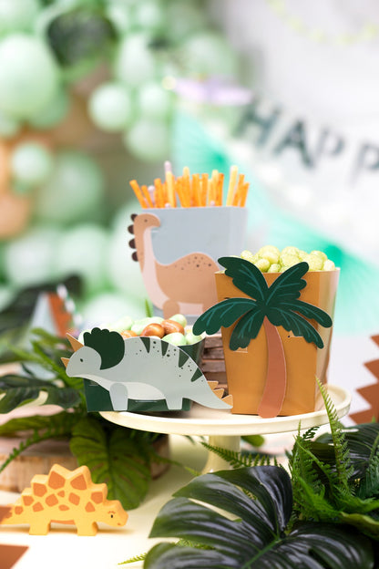 Dinosaur snack boxes in brontosaurus, triceratops and palm tree designs for kids birthday party treats