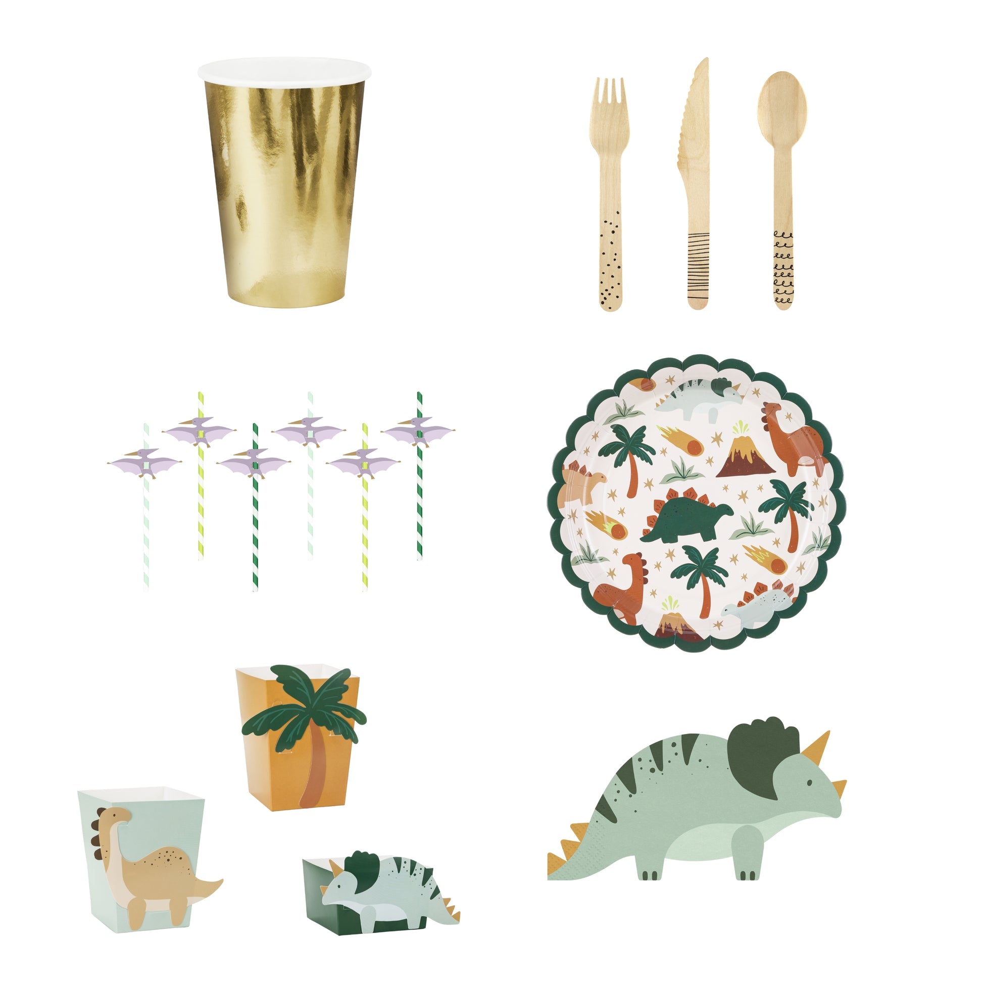 Dinosaur-themed party supplies including cups, plates, and utensils on a white background.