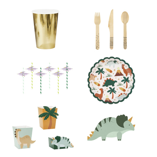 Dinosaur-themed party supplies including cups, plates, and utensils on a white background.