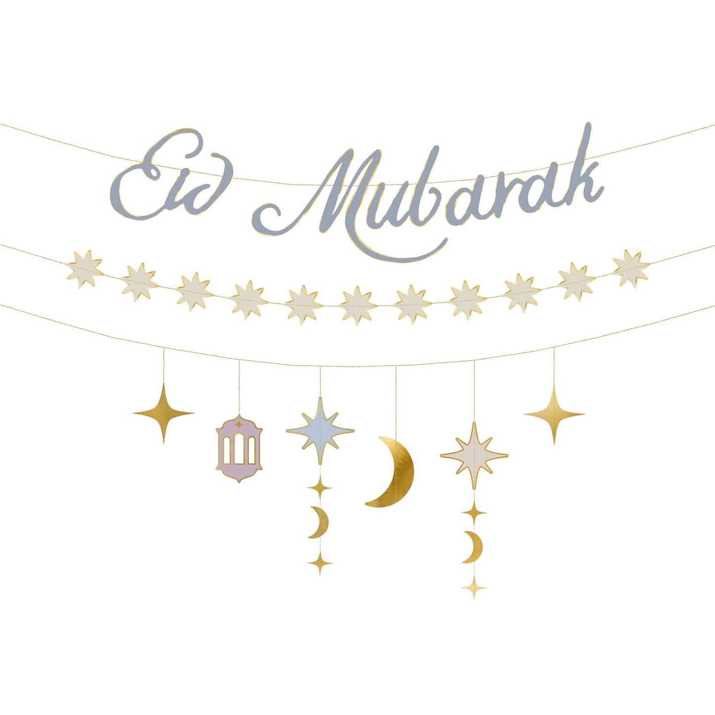 Eid Mubarak banner with stars and crescent moons on a white background