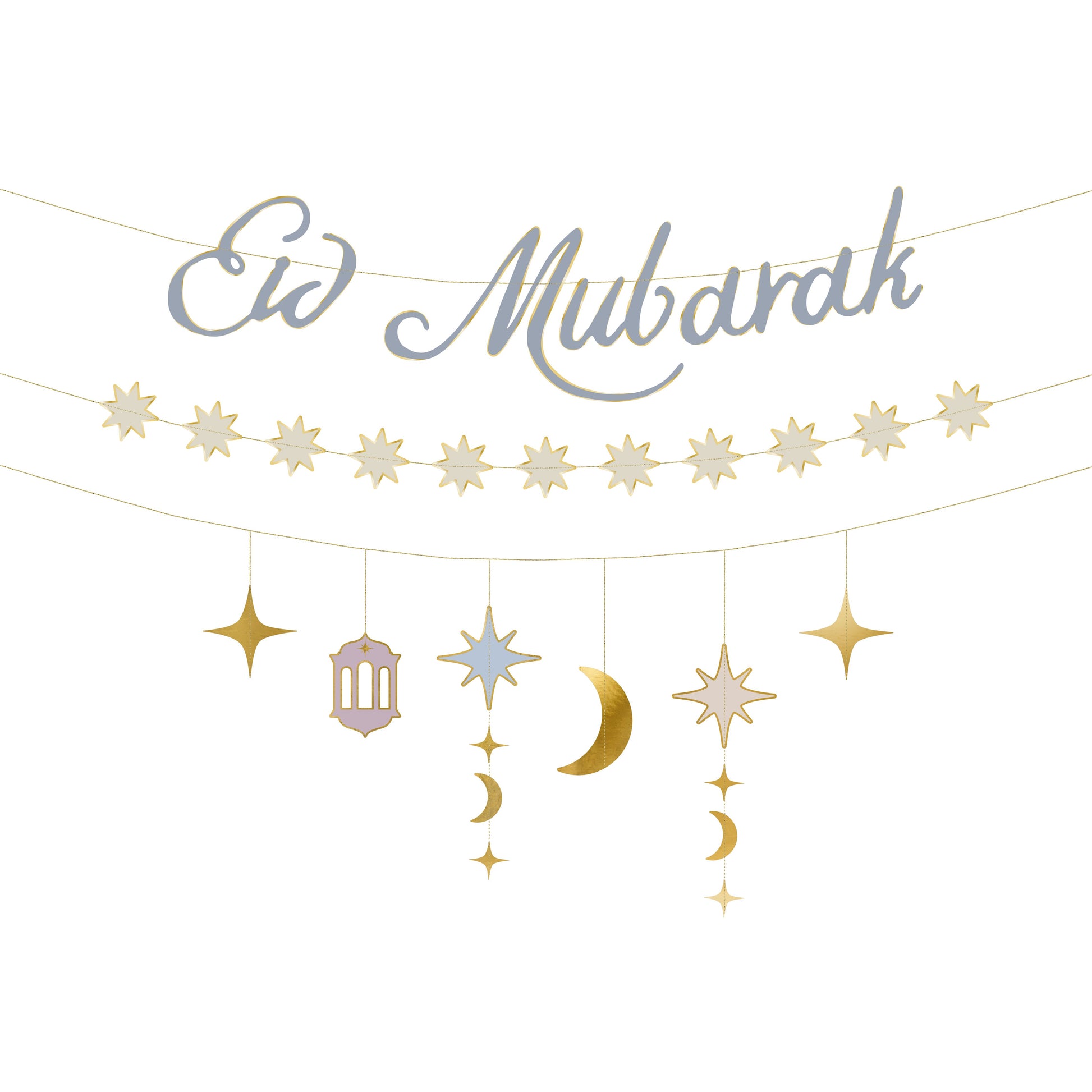 Eid Mubarak banner with stars and crescent moons on a white background
