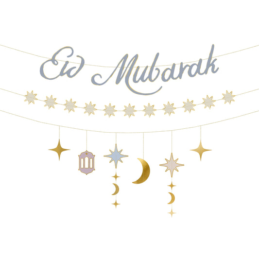 Eid Mubarak banner with stars and crescent moons on a white background