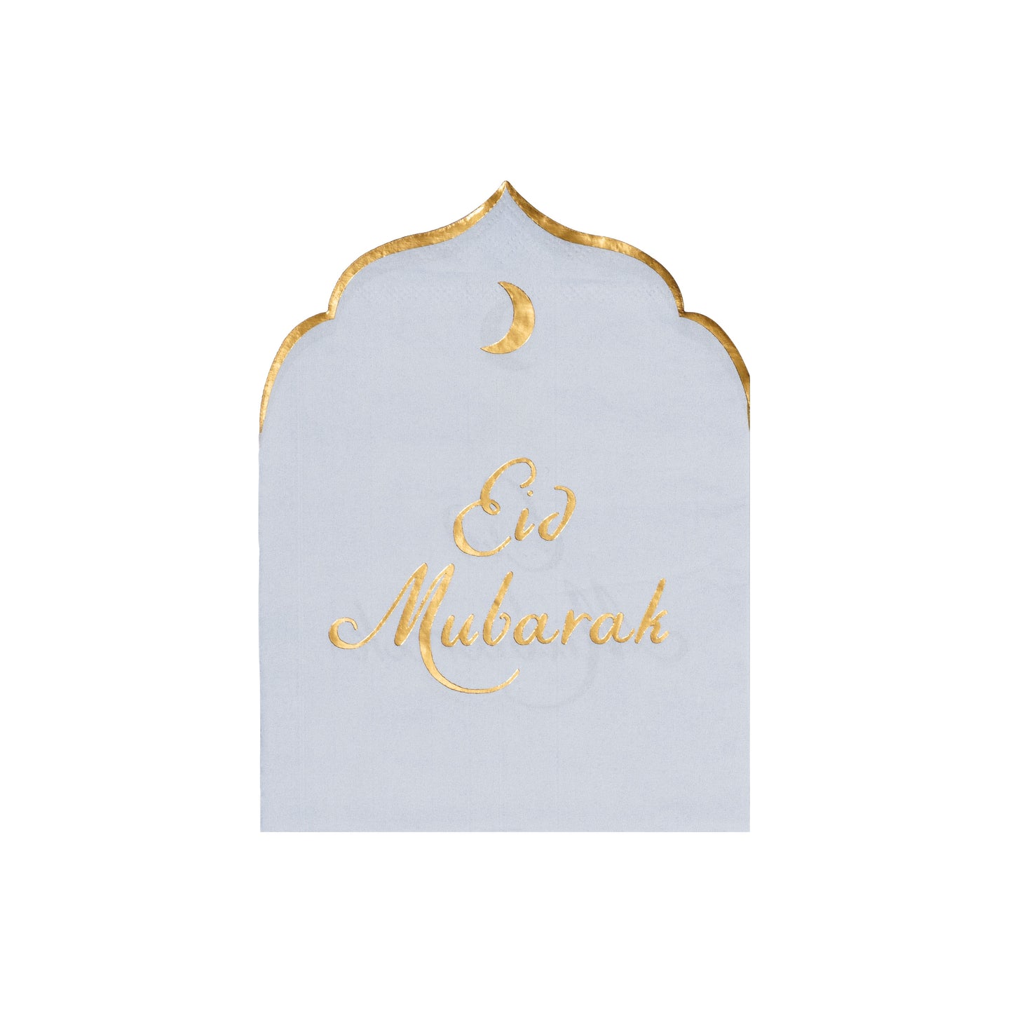 Decorative napkin with 'Eid Mubarak' in gold on a light blue background
