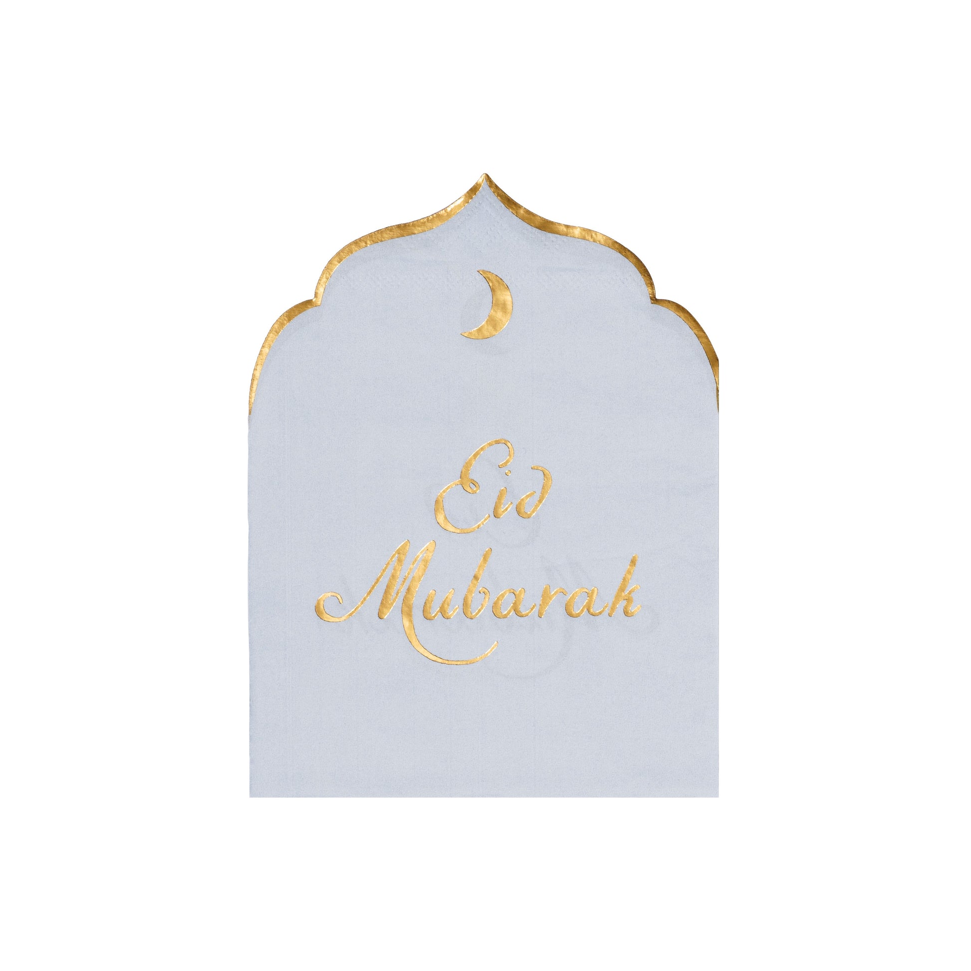 Decorative napkin with 'Eid Mubarak' in gold on a light blue background