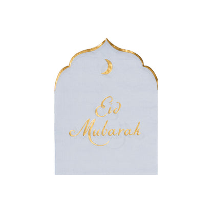 Decorative napkin with 'Eid Mubarak' in gold on a light blue background