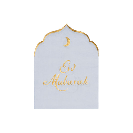 Decorative napkin with 'Eid Mubarak' in gold on a light blue background