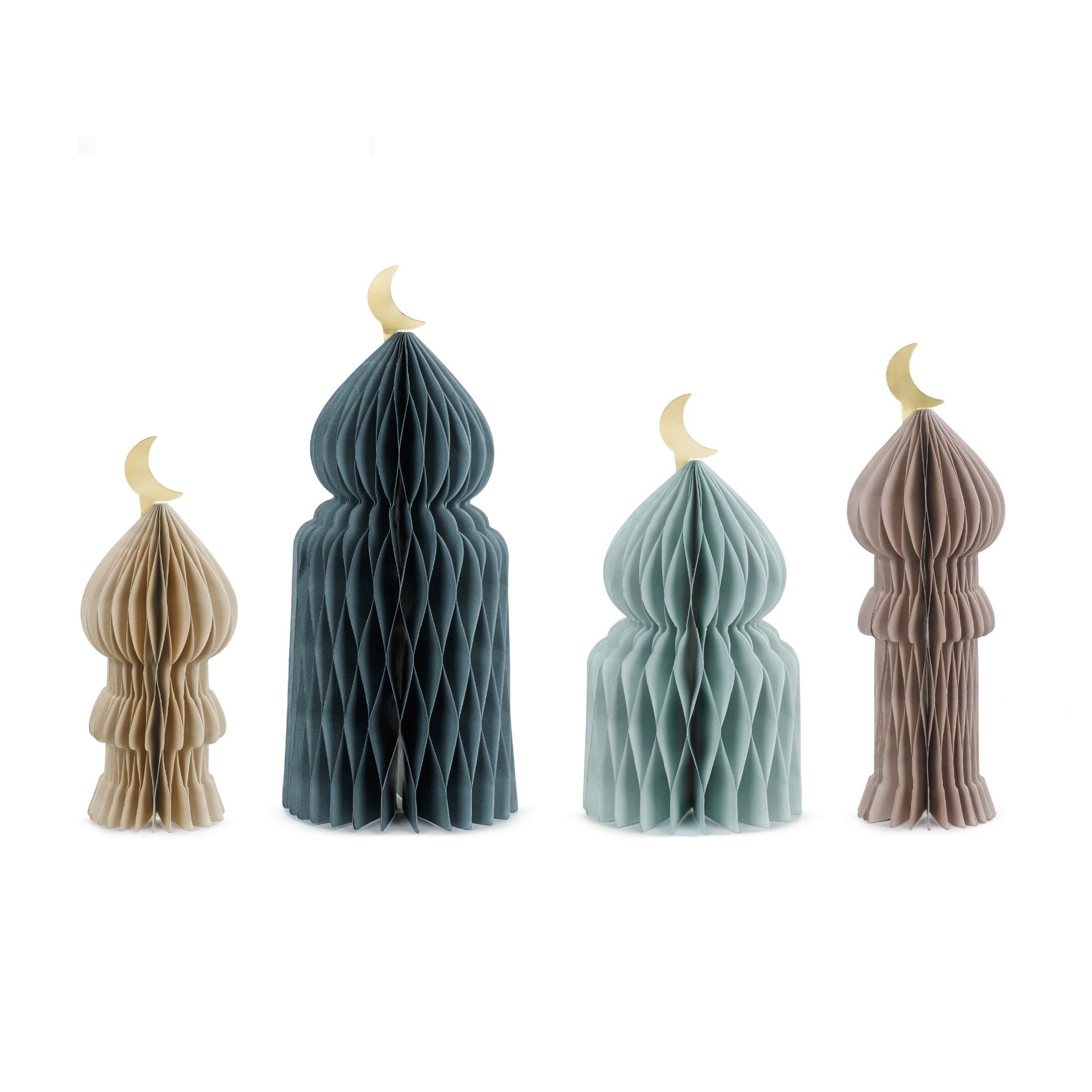 Set of four textured honeycomb with moon accents on a white background