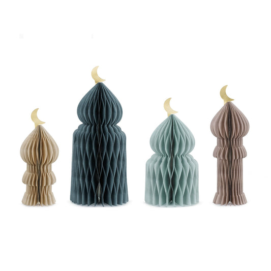 Set of four textured honeycomb with moon accents on a white background