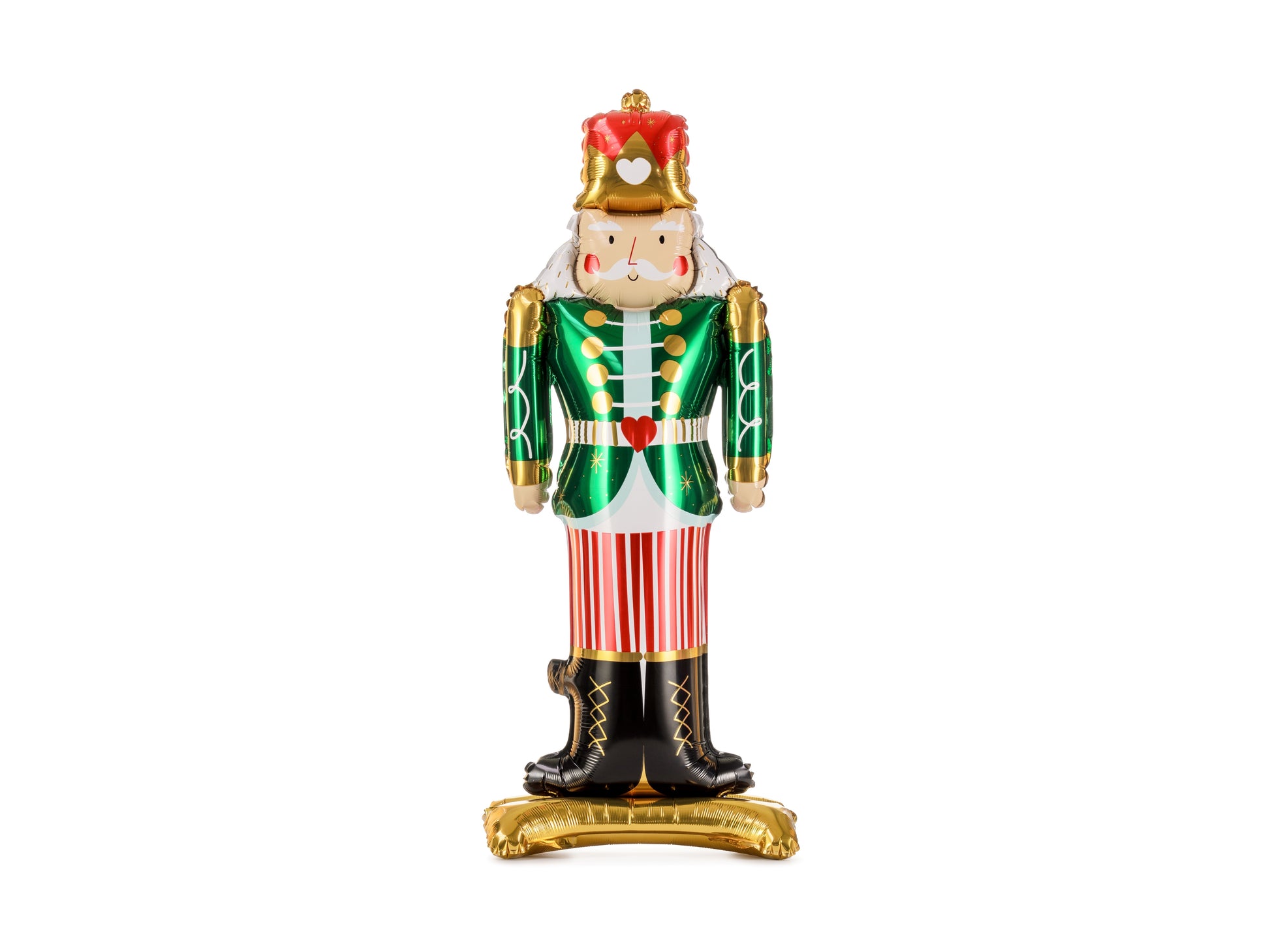 Decorative nutcracker figurine with green uniform and red hat on a white background