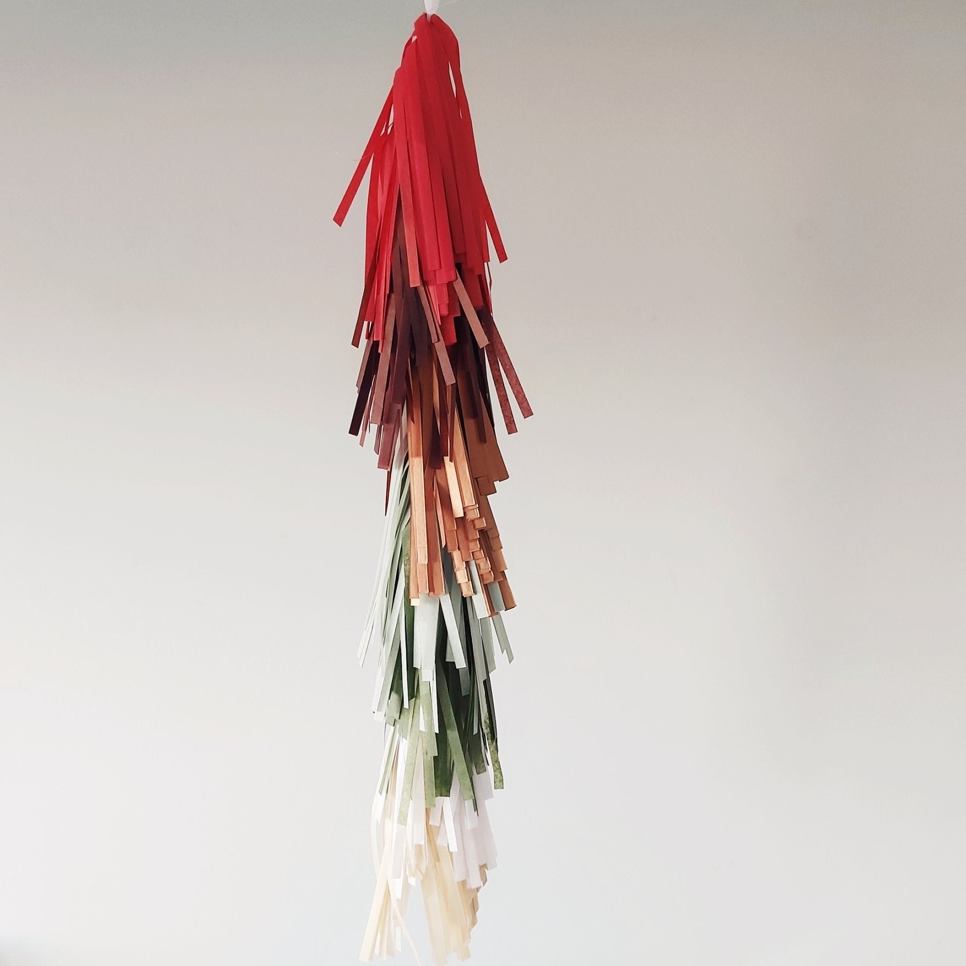 Decorative tassel with red, brown, green, and beige strands on a light gray background