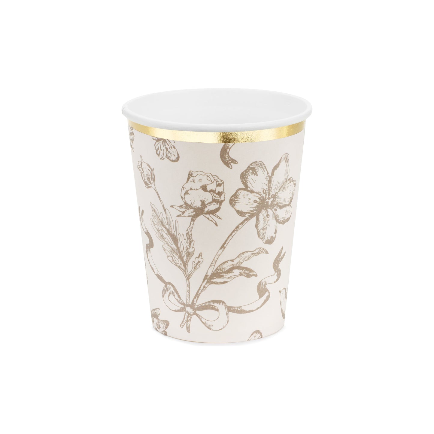 White paper cup with gold floral pattern on a white background