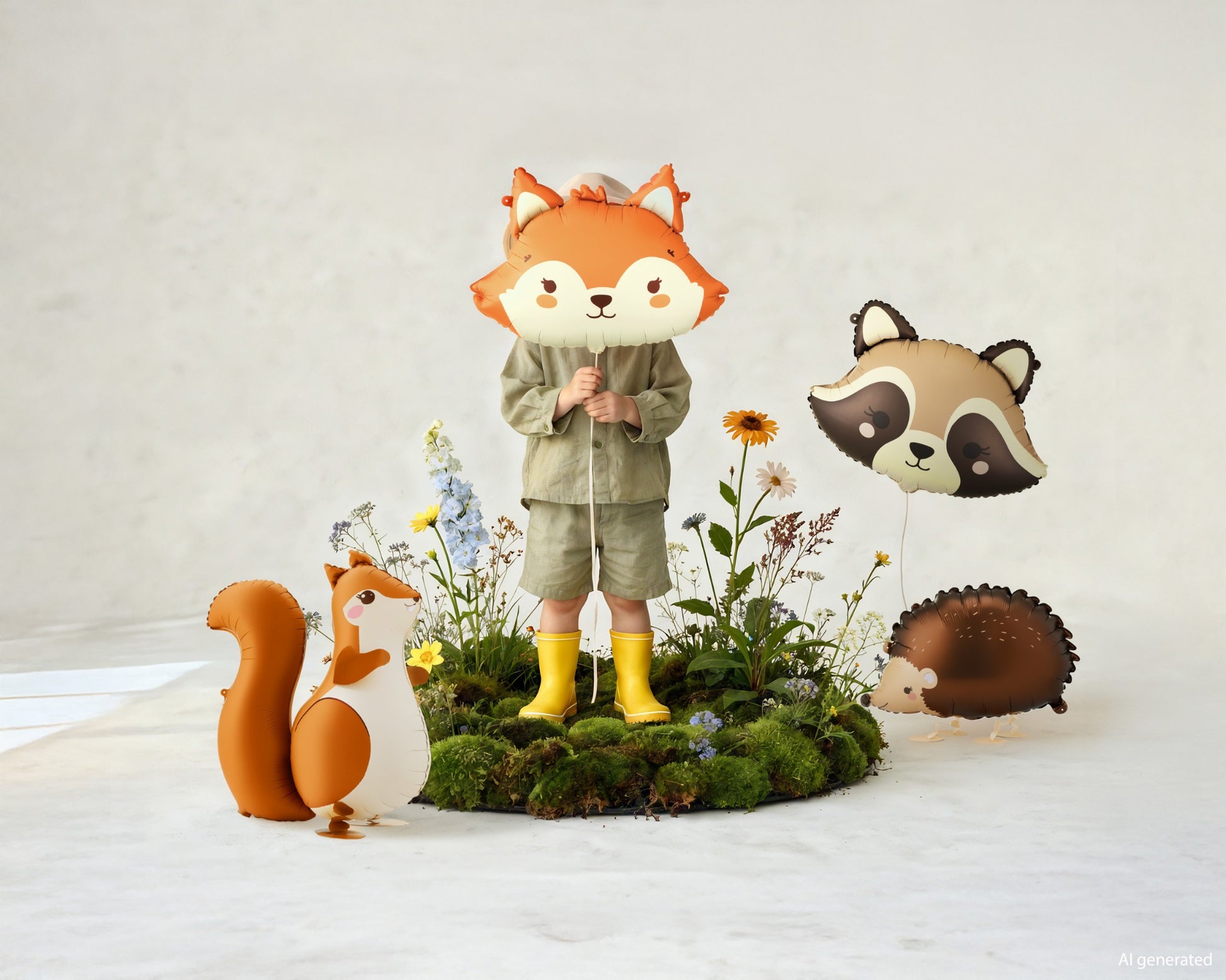 Child in raincoat with animal-shaped balloons and toys on a white background