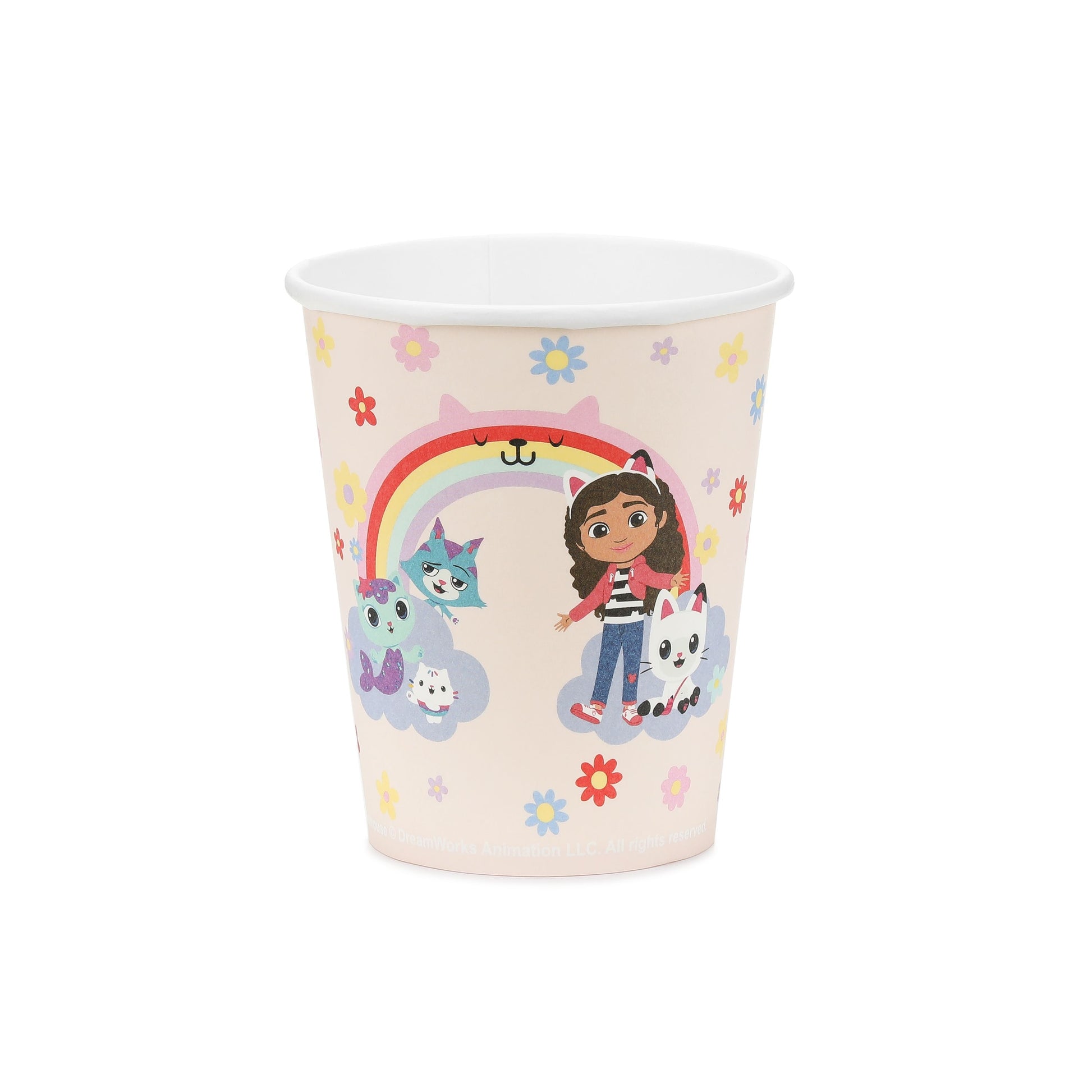Paper cup with cartoon characters and rainbow design on a white background