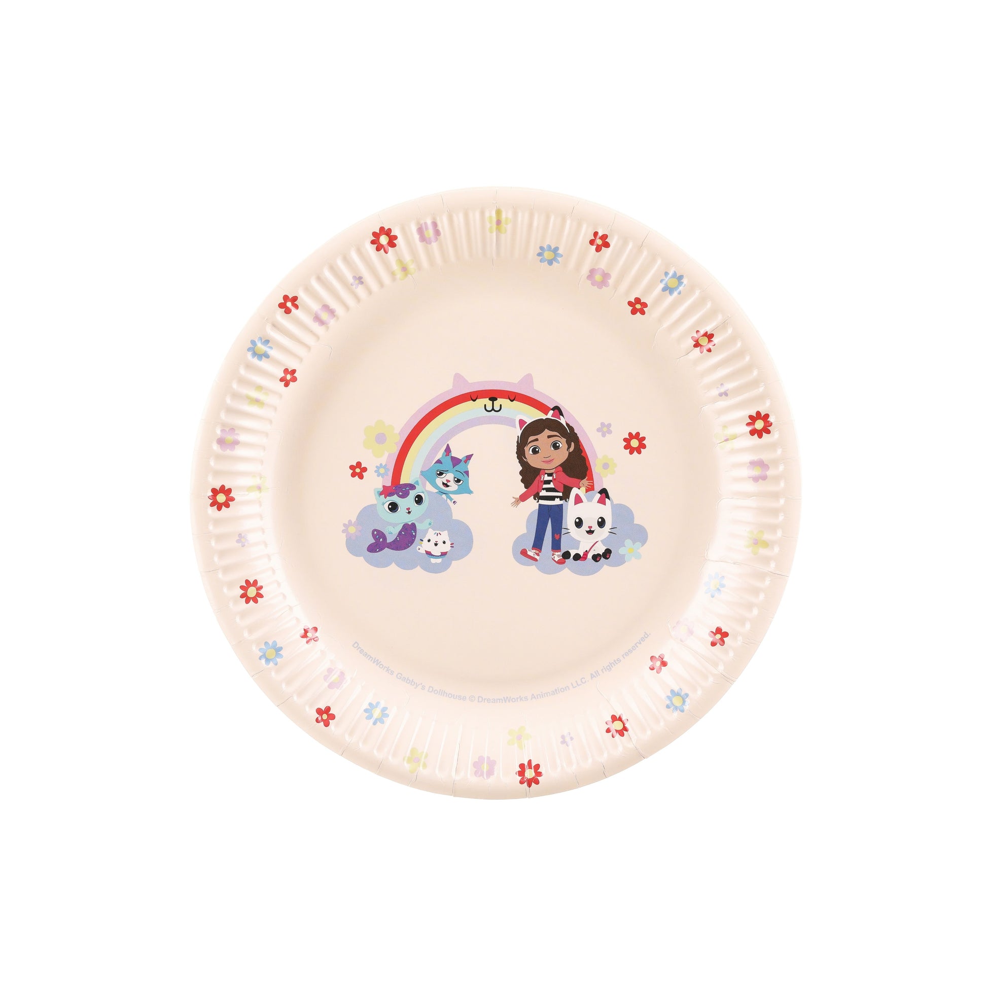 Children's paper plate with cartoon character, rainbow, and flowers on a white background