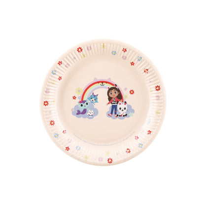 Children's paper plate with cartoon character, rainbow, and flowers on a white background