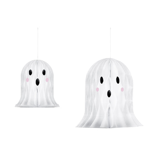 Two white ghost-shaped decorations with black eyes and pink cheeks on a white background
