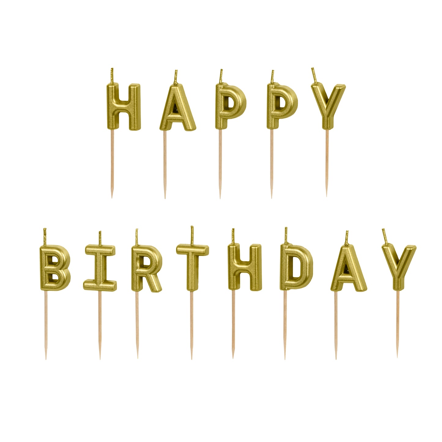 Gold birthday candles spelling 'Happy Birthday' on a white background