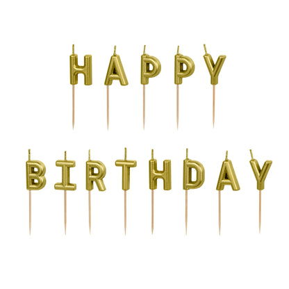 Gold birthday candles spelling 'Happy Birthday' on a white background