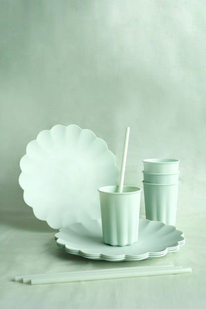 Set of light green plastic plates and cups on a neutral background