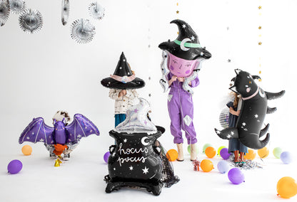 Halloween-themed balloons including a witch, bat, and cat on a white background.