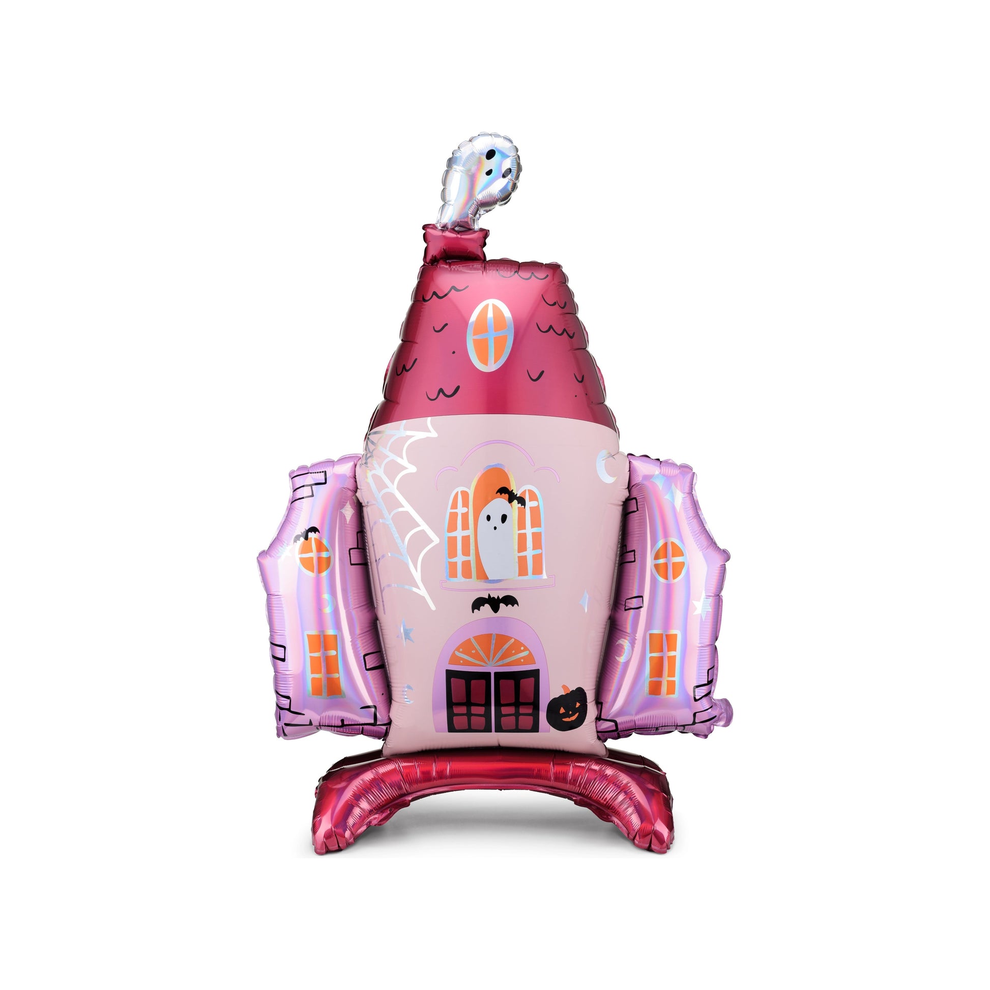 Halloween-themed balloon shaped like a haunted house with ghost faces on a white background