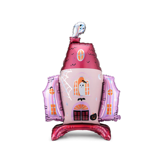 Halloween-themed balloon shaped like a haunted house with ghost faces on a white background